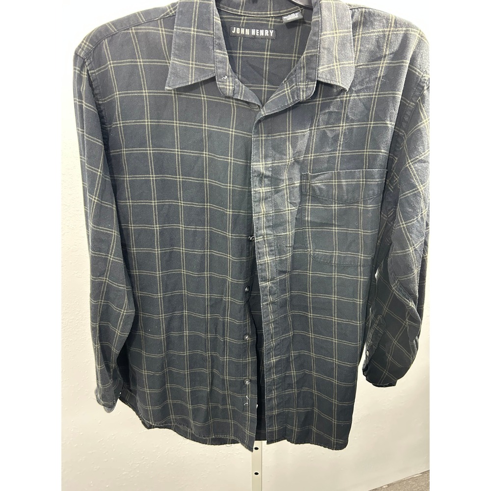 John Henry Mens Large Plaid Button Down Shirt Charcoal Grey Olive Green Cotton L